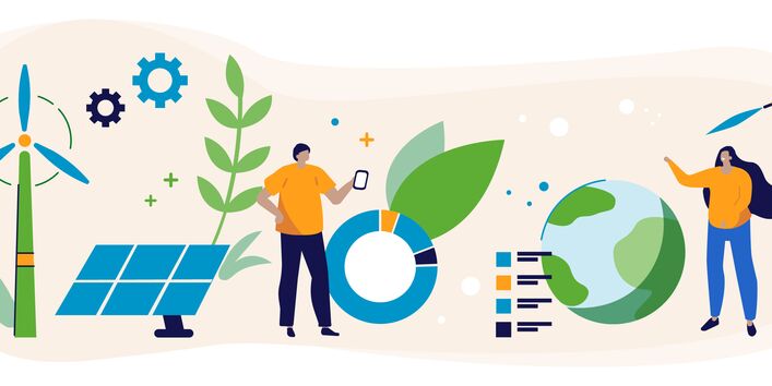 On a bright background, there are two wind turbines, a solar panel, two people, a globe, plant leaves, and diagrams illustrating the thematic areas of the AI lab.