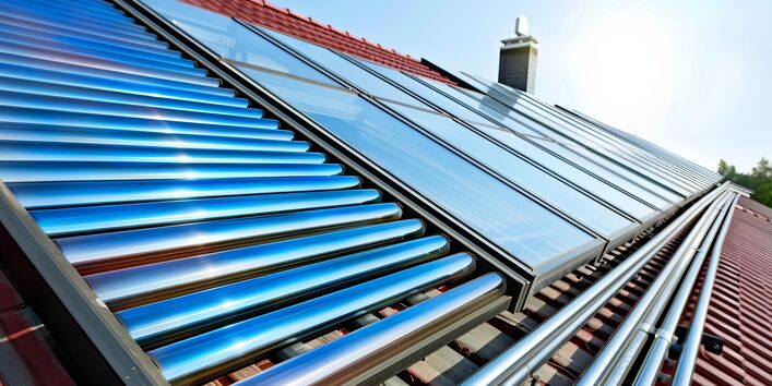 Solarthermie- und Photovoltaikmodule auf einem roten Ziegeldach. Die blauen Röhren der Solarthermieanlage reflektieren den blauen Himmel. Im Hintergrund sind ein Schornstein und die Baumkronen zu sehen.