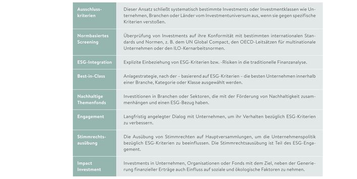 Tabellen-Grafik: Das FNG hat Daten zu acht Anlagestrategien erhoben.