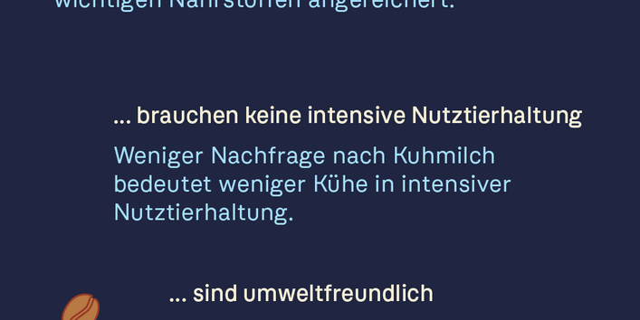 Infografik zu den Vorteilen von Pflanzendrinks bezüglich Gesundheit, Verzicht auf intensive Nutztierhaltung und Umweltfreundlichkeit.
