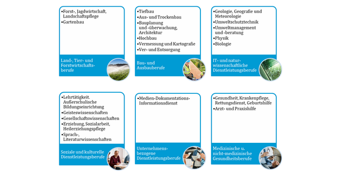 Die Grafik zeigt die relevantesten Berufsgruppen im Klimaanpassungsszenario nach den Berufssegmenten Land-, Tier- und Forstwirtschaftsberufe, Bau- und Ausbauberufe, IT- und naturwissenschaftliche Dienstleistungsberufe, soziale und kulturelle Dienstleistungsberufe, Unternehmensbezogene Dienstleistungsberufe und medizinische und nicht-medizinische Gesundheitsberufe.