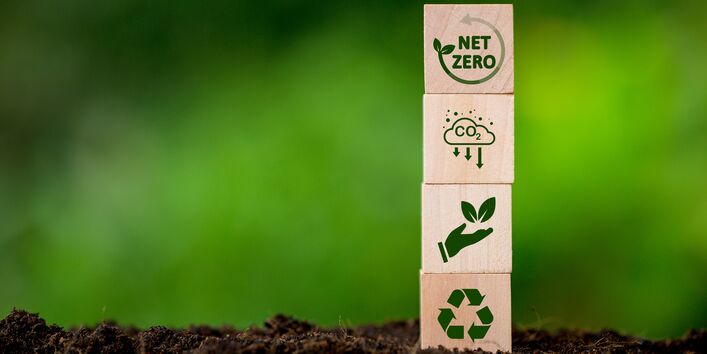 Holzwürfel mit Pictogrammen vor grünem Hintergrund.