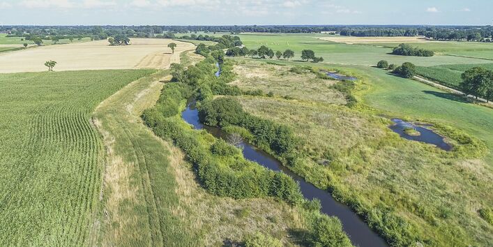 Luftaufnahme einer ländlichen Flusslandschaft im Sommer.