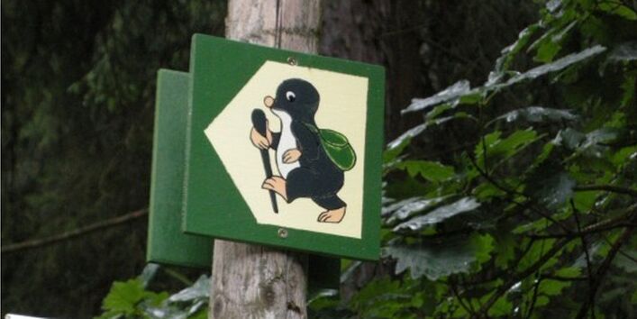 Foto eines Wegweisers, die den Lehrpfad ausschildern.