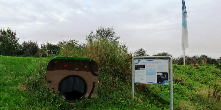 Foto einer Infotafel und des Kriechtunnels des Lehrpfades