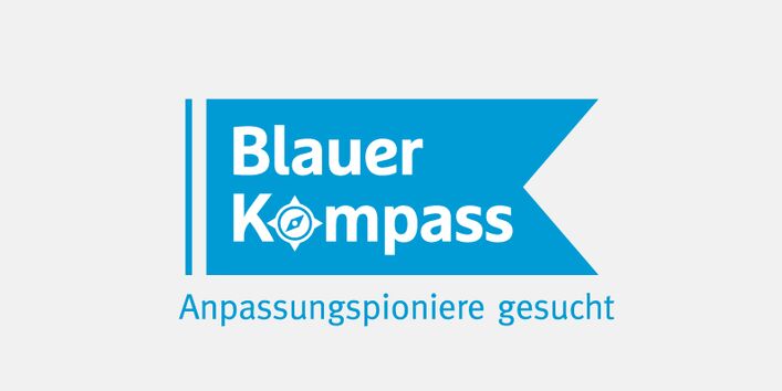 Schriftzug Blauer Kompass auf blauer Fahne, darunter Schriftzug Anpassungspioniere gesucht