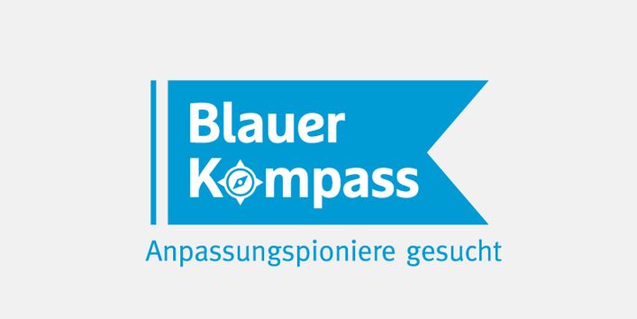 Schriftzug Blauer Kompass auf blauer Fahne, darunter Schriftzug Anpassungspioniere gesucht
