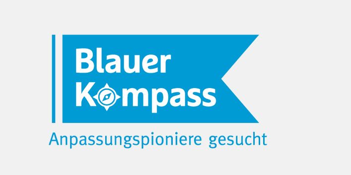 Schriftzug Blauer Kompass auf blauer Fahne, darunter Schriftzug Anpassungspioniere gesucht