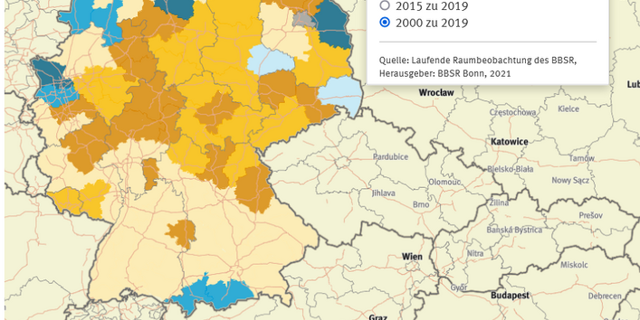 Karte Intraregionale Re- und Suburbanisierungstendenzen 2015 bis 2019