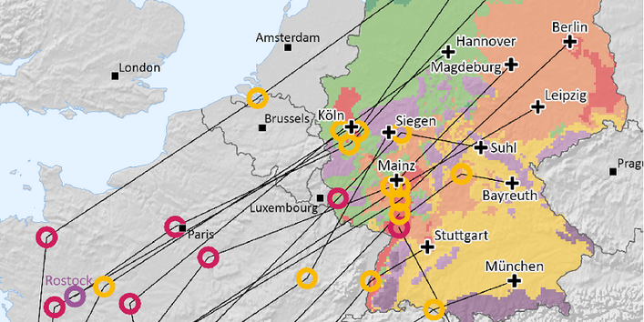 Zu sehen sind die beschriebenen Klimaanalogien der deutschen Städte in einer Europakarte