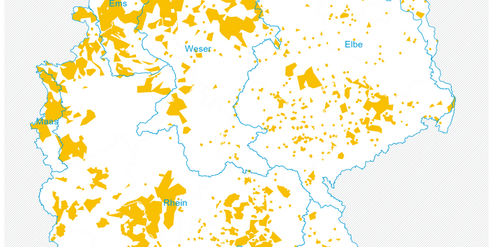 Abbildung 1: Dargestellt ist eine Karte Deutschlands, in der die nitratbelasteten Gebiete eingezeichnet sind. 