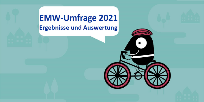 EMW-Maskottchen fährt Fahrrad und sagt EMW-Umfrage 2021 - Auswertung