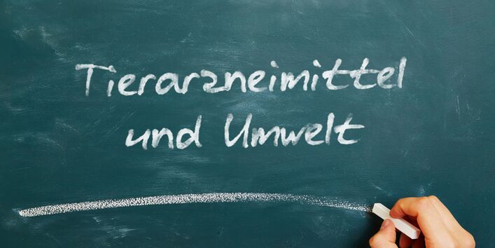 Foto einer Tafel mit dem Schriftzug „Tierarzneimittel und Umwelt“, darunter eine Hand mit Kreide, mit der ein horizontaler Strich auf die Tafel gemalt wurde.