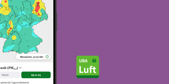 Das Bild zeigt die App Luftqualität und beispielhaft eine deutschlandweite Karte für PM10.
