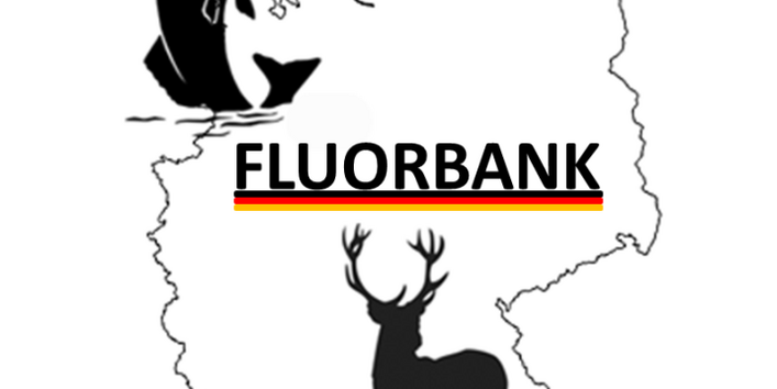 Deutschlandkarte mit Fluorbank-Schriftzug und jeweils einem Tier-Motiv aus dem Wasser-, Land- und Luftbereich