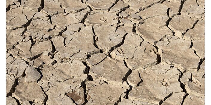 Cover von "Anpassung an den Klimawandel: Boden" mit einem Foto eines ausgetrockneten, rissigen Bodens