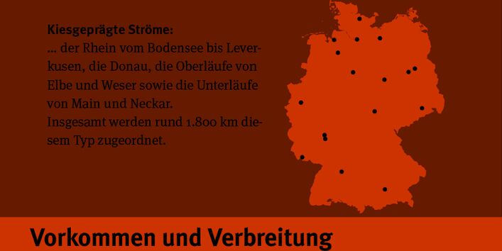 Karte die das Vorkommen in Deutschland von kiesgerägten Ströme aufzeigt.