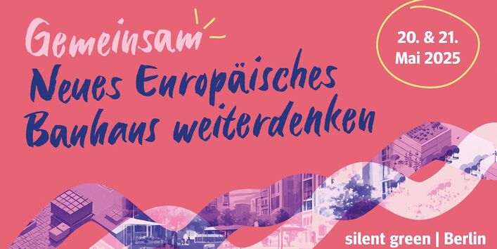 Rot-blauer Konferenzbanner mit Visualisierung zum Thema Stadt, Raum und Transformation