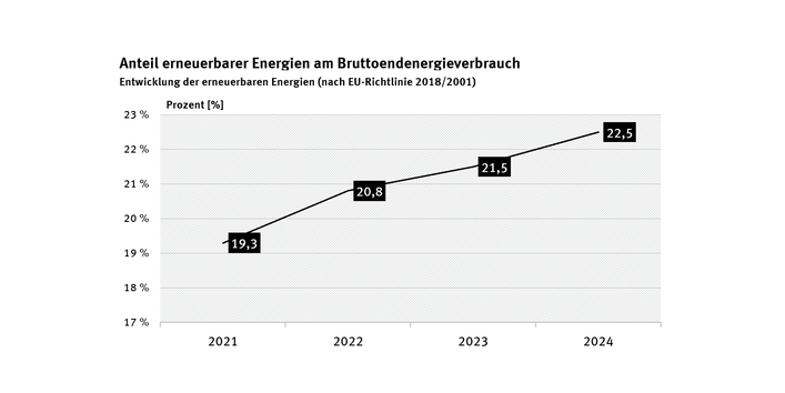 Diagramm: Der Anteil stieg von 2021 bis 2024 kontinuierlich und betrug 2021 19,3 %, 2022 20,8 %, 2023 21,5 % und 2024 22,5 %.