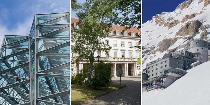 Collage aus 3 Gebäuden: Moderner Glasbau, Altbau im Grünen und Bergstation am schneebedeckten Berghang