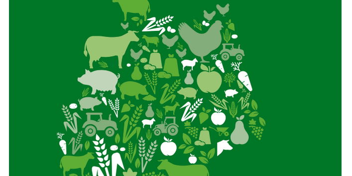 Cover der Broschüre "Daten zur Umwelt, Ausgabe 2018, Umwelt und Landwirtschaft" des Umweltbundesamtes mit Piktogrammen von Nutztieren und anderen landwirtschaftlichen Symbolen, die zusammen den Umriss von Deutschland bilden