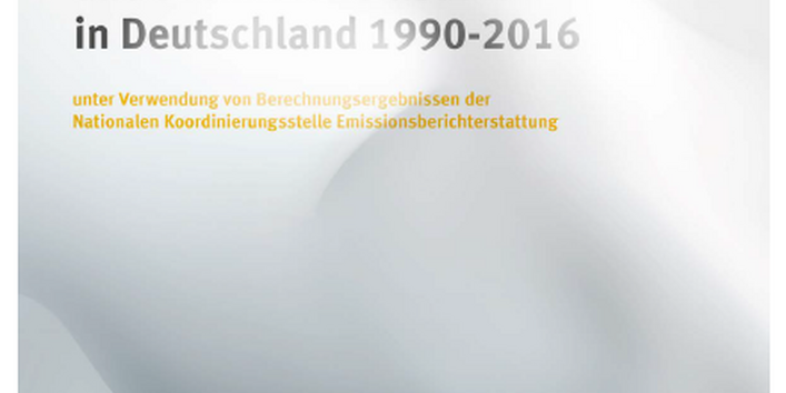 Cover der Publikation "Übersicht zur Entwicklung der energiebedingten Emissionen und Brennstoffeinsätze in Deutschland 1990 – 2014", der Hintergrund zeigt eine künstlerische Verfremdung wabernder Gase, unten das Logo des Umweltbundesamtes
