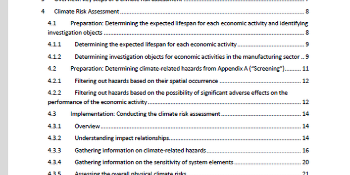 Titelseite der Publikation "How to perform a robust climate risk and vulnerability assessment for EU taxonomy reporting?" des Umweltbundesamtes mit Überschrift und Inhaltsverzeichnis
