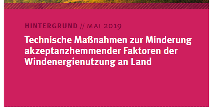 Titelseite des Hintergrundpapiers "Technische Maßnahmen zur Minderung akzeptanzhemmender Faktoren der Windenergienutzung an Land" mit Foto eines Windparks und Logo des Umweltbundesamtes