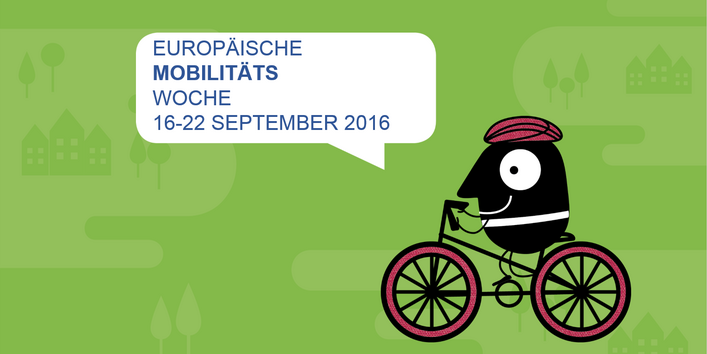 Comiczeichnung eines Männchens auf einem Fahrrad vor grünem Hintergrund, daneben eine Sprechblase: Europäische Mobilitätswoche 16. bis 22. September 2016
