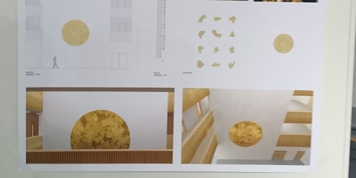 Plakat mit Text und Bildern einer großen, gelben Scheibe