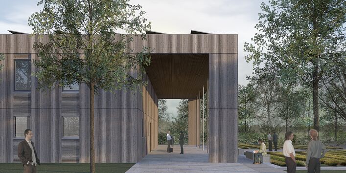 Computersimulation eines zweigeschossigen, quadratischen Holzbaus mit Flachdach und Kollonaden