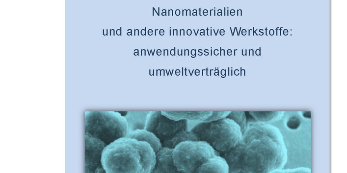 Cover der Publikation "Nanomaterialien und andere innovative Werkstoffe: anwendungssicher und umweltverträglich - Fortschreibung der gemeinsamen Forschungsstrategie der Bundesoberbehörden" mit einem Bild von vergrößertem Nanomaterial und den Logos der Herausgeber: BAM, BAuA, BfR, PTB, Umweltbundesamt