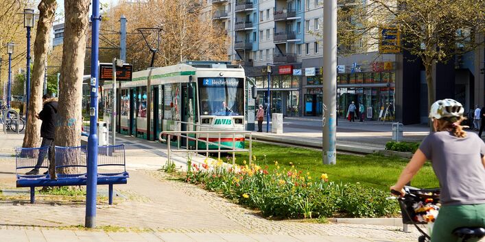 Innenstadtszene mit Blühstreifen, Straßenbahn und einer Person auf dem Fahrrad