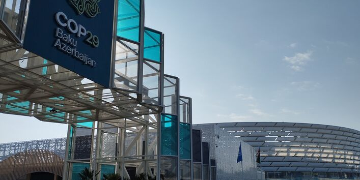 Entrance with banner COP29 Baku Azerbaijan