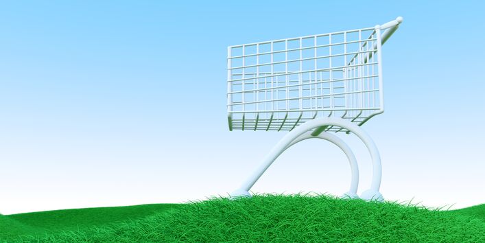 Symbolbild: Einkaufswagen auf grüner Wiese