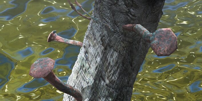 Gemälde eines Baumstamms, der aus dem Wasser ragt, in ihm stecken rostige Nägel