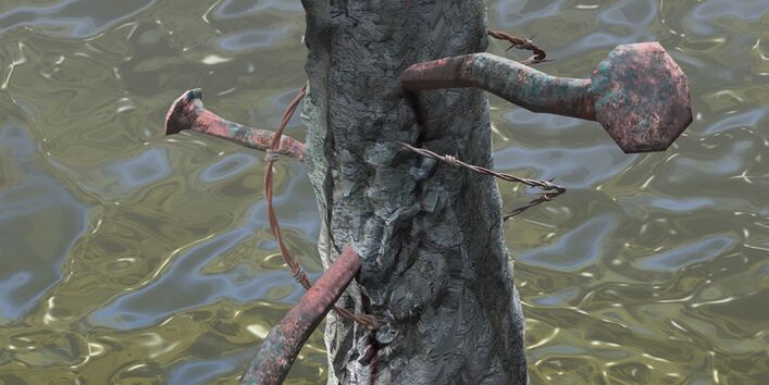 Gemälde eines Baumstamms, der aus dem Wasser ragt, in ihm stecken rostige Nägel