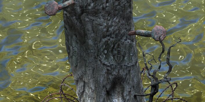 Gemälde eines Baumstumpfs, der aus dem Wasser ragt, in ihm stecken rostige Nägel