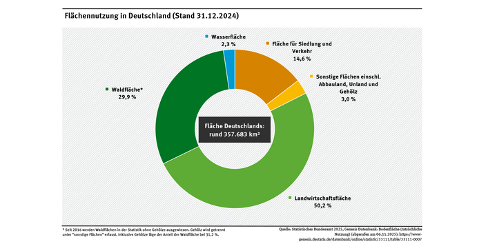 Das Ringdiagramm zeigt, wie die deutsche Gesamtfläche 2024 genutzt wurde. 50,2 % der Fläche wurde landwirtschaftlich genutzt. Auf 29,9 % der Fläche befindet sich Wald. Siedlung und Verkehr beanspruchten 14,6 % der Fläche.