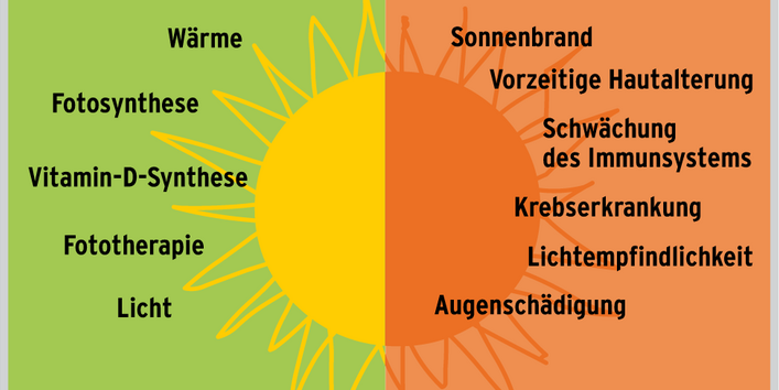 Die Abbildung beschreibt nützliche und schädliche Wirkungen der Sonnstrahlung. Nützliche Wirkungen sind z.B. die Spendung von Wärme und die Vitamin-D-Synthese, schädliche Wirkungen sind beispielsweise der Sonnenbrand oder die vorzeitige Hautalterung.