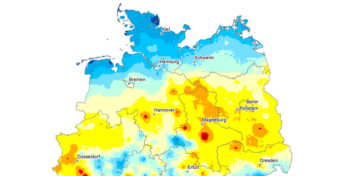 Die Karte zeigt die Anzahl Heißer Tage in Deutschland im Jahr 2022. Maximal gab es in diesem Jahr 48 Heiße Tage in Deutschland.