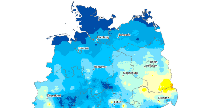 Die Karte zeigt die Anzahl Heißer Tage in Deutschland im Jahr 2023. Maximal gab es in diesem Jahr 43 Heiße Tage in Deutschland.