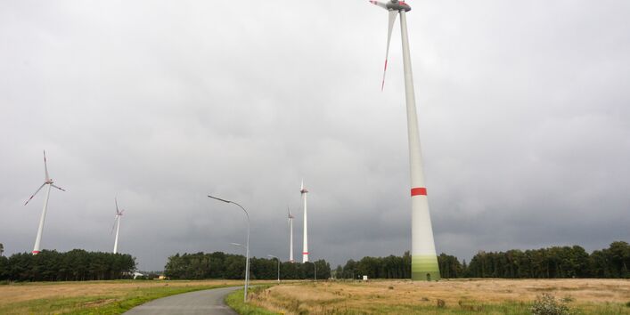 Windräder an einem Feldweg unter bewölktem Himmel