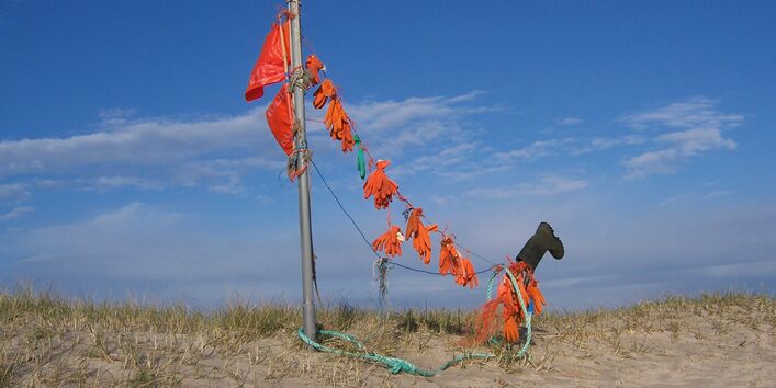 Orangene Gummihandschuhe hängen aufgreiht an einem Seil, das an einem Schild auf einer Sanddüne festgebunden ist