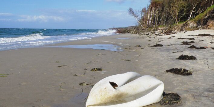 Am Strand der Ostsee liegt ein großer weißer kaputter Gymnastikball
