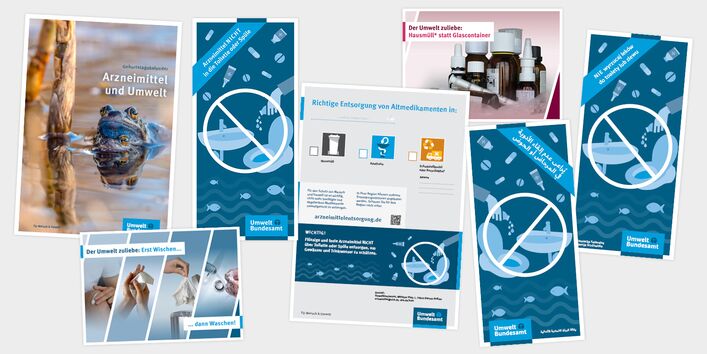 Collage mit Titelbildern diverser Informationsmaterialien zu Arzneimitteln und Umwelt, darunter Faltblatt, Poster, Postkarten und Geburtstagskalender