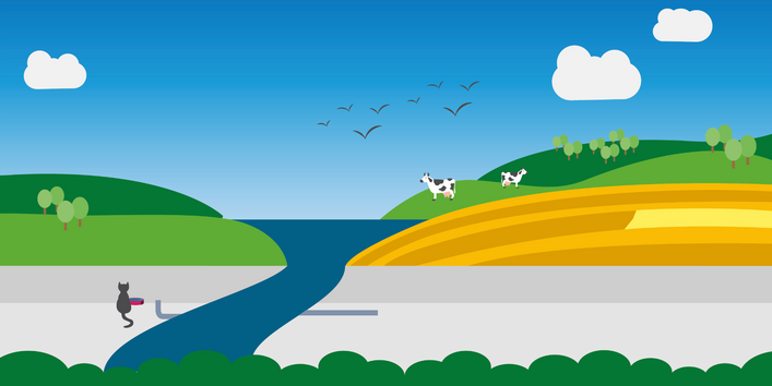 Eine grafische Darstellung einer Landschaft mit einem Fluss, Feldern und blauem Himmel.