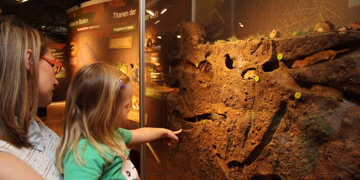 Mutter und Tochter vor einem Bodenquerschnitt
