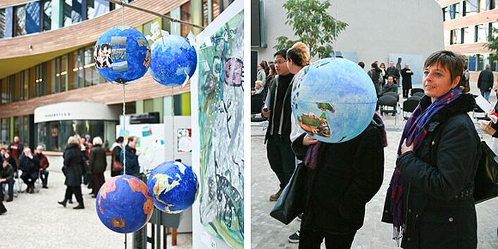 Verschiedene von Jugendlichen gebastelte Weltkugeln