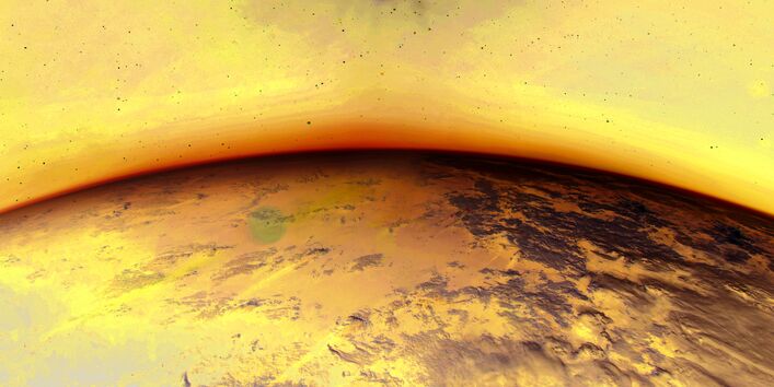 Das Bild zeigt den Ausschnitt einer Satelitenaufnahme von der Erde. Am oberen Bildrand strahlt die Sonne. Auf der Erde sind Wolken und der blaue Ozean zu erkennen.